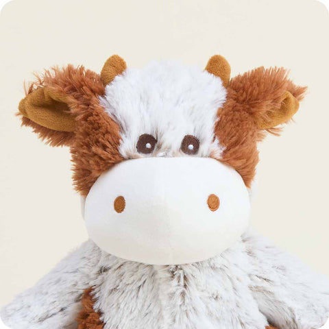 Warmies Cinnamon Latte Cow plush stuffed animal with brown and white fluffy fur