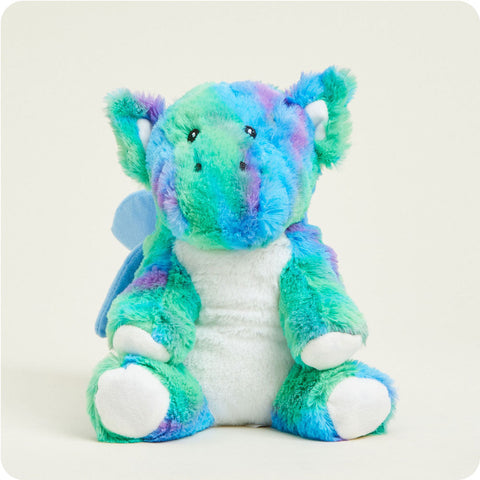 Warmies Baby Dragon plush stuffed animal in teal blue and purple with white belly