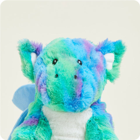 Warmies Baby Dragon plush stuffed animal in teal blue and purple with white belly