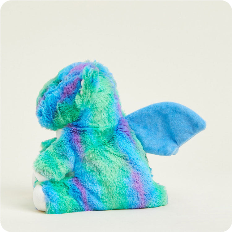 Warmies Baby Dragon stuffed animal in teal, blue, and purple tie-dye plush with wings, rear view.