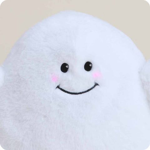 White fluffy ghost plush stuffed animal with smiling face and pink rosy cheeks