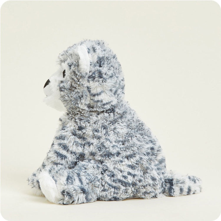 Warmies Snow Leopard plush stuffed animal shown from rear angle, gray spotted fur