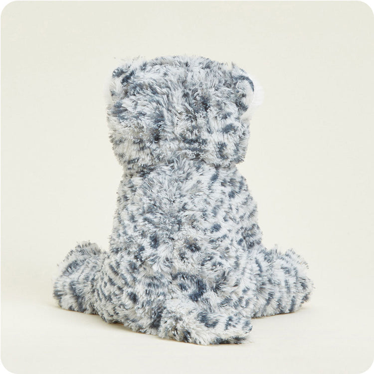 Warmies Snow Leopard stuffed animal shown from behind, gray spotted plush toy seated upright