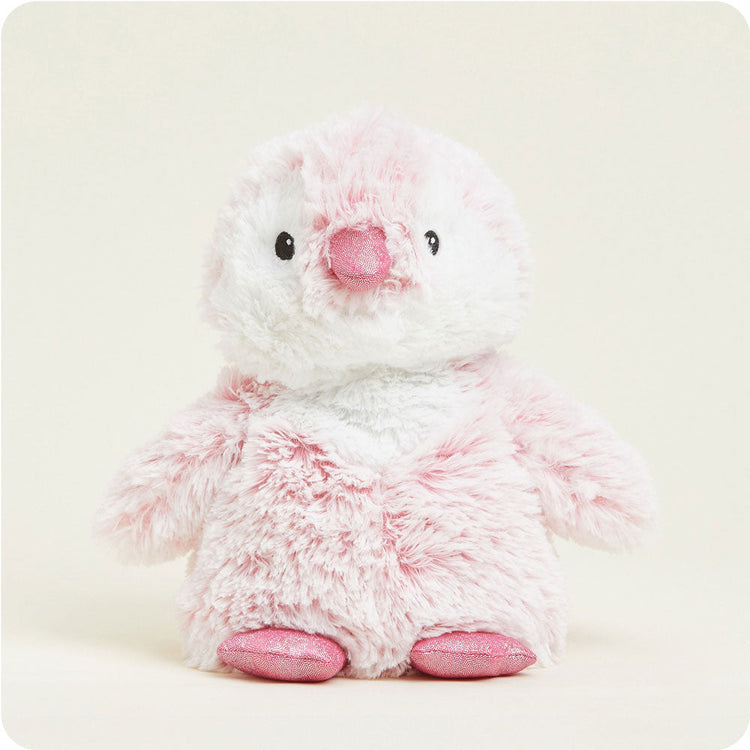 Pink and white fluffy penguin stuffed animal with pink beak and feet by Warmies