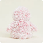 Pink fluffy Warmies penguin stuffed animal shown from the back on neutral background