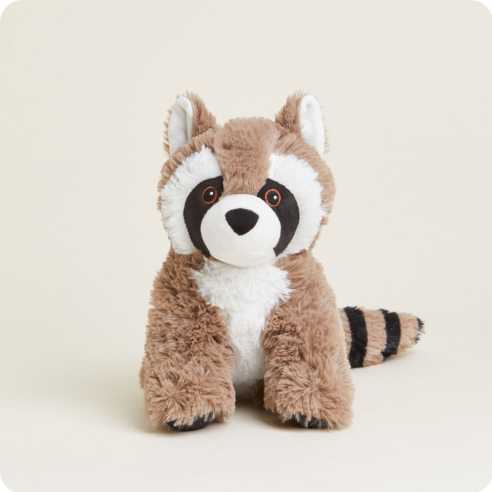 Warmies raccoon stuffed animal with striped tail and embroidered eyes, seated upright