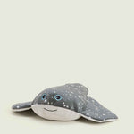 Gray plush stingray stuffed animal with silver stars and blue embroidered eyes