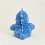 Blue fluffy T-Rex Warmies stuffed animal shown from the back with spine details