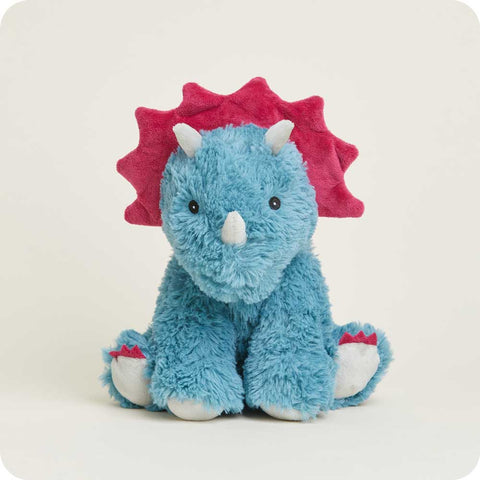 Blue plush triceratops stuffed animal with pink frill, horns, and toe accents sitting upright