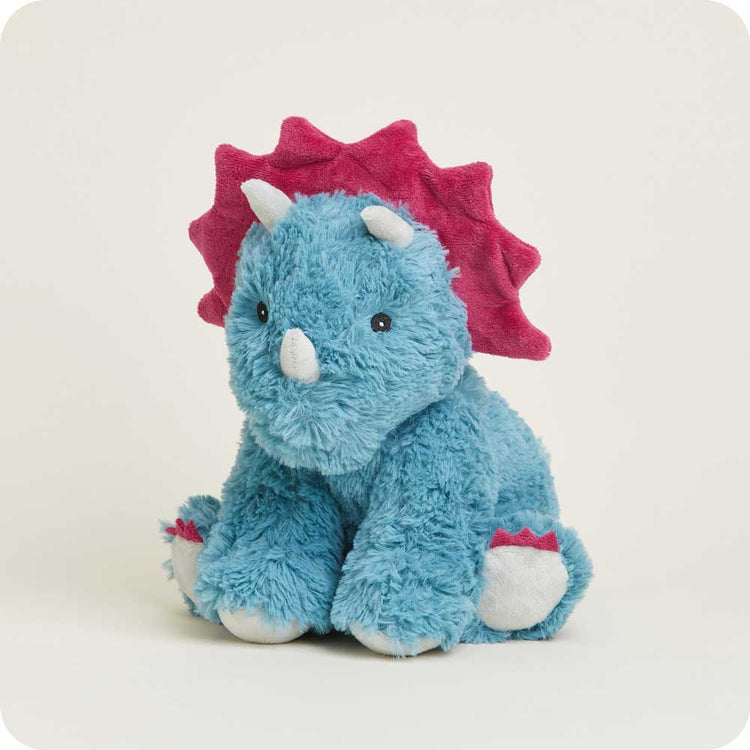 Warmies Triceratops stuffed animal in teal blue plush with magenta frill and horns