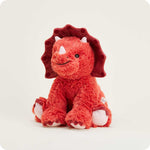 Red triceratops Warmies stuffed animal with dark red frill and white accents seated upright