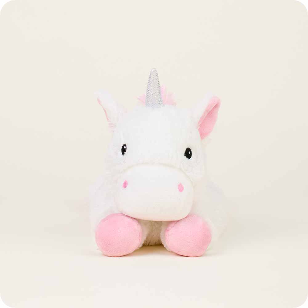 White plush unicorn stuffed animal with pink hooves, ears, and silver glitter horn