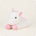 White plush unicorn stuffed animal lying down with pink ears, mane, and hooves