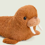Warmies walrus stuffed animal plush toy with white tusks and brown fur