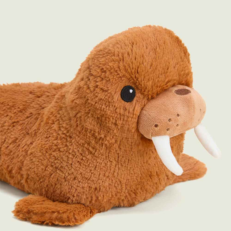 Warmies walrus stuffed animal plush toy with white tusks and brown fur