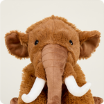 Warmies Wooly Mammoth stuffed animal with brown fur, trunk, and white tusks