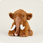 Warmies Wooly Mammoth plush stuffed animal with white tusks, brown fur, sitting upright