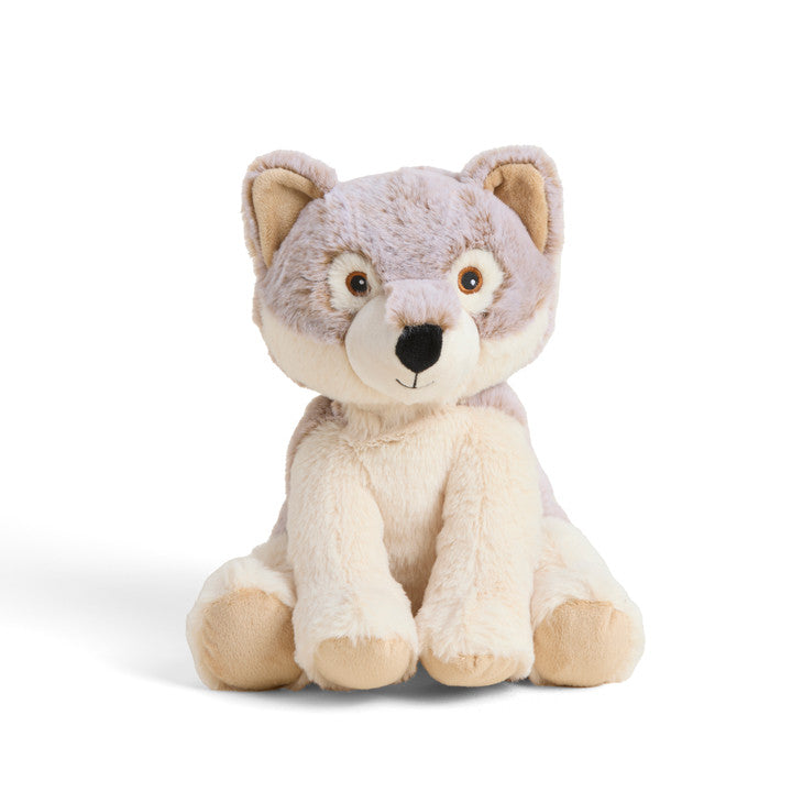 Warmies Wolf plush stuffed animal in gray and cream tones, seated upright on white background