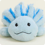 Blue axolotl plush stuffed animal with fluffy bright blue gill fronds and embroidered smile