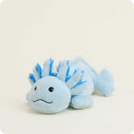 Blue axolotl stuffed animal plush toy with bright blue feathery gills lying down