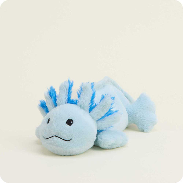 Blue axolotl stuffed animal plush toy with bright blue feathery gills lying down