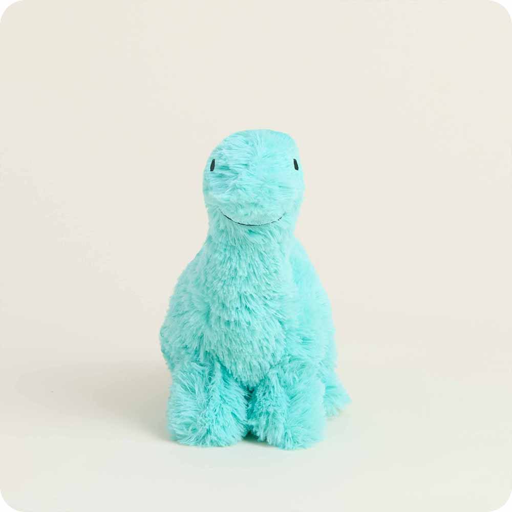 Fluffy teal long neck dinosaur stuffed animal with a friendly smile, sitting upright