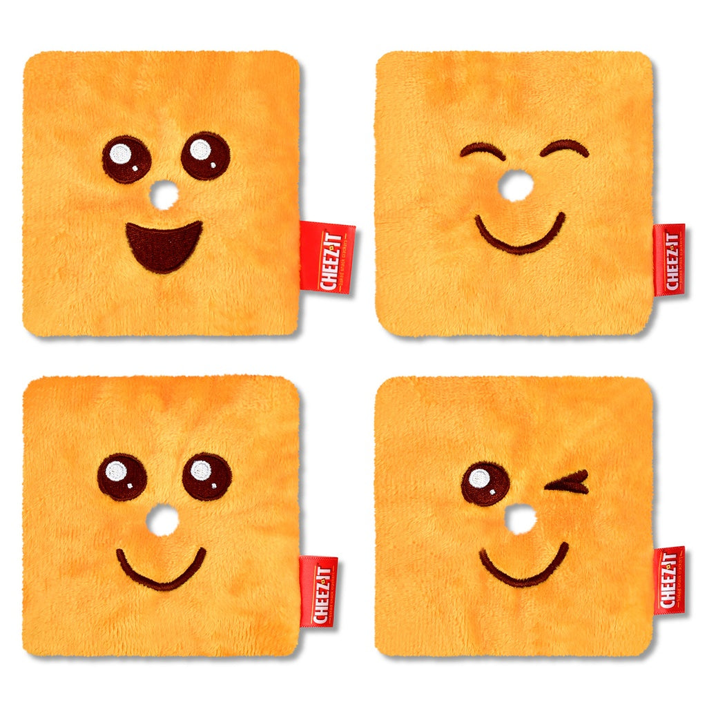 Set of four Cheez-It plush toys with different embroidered facial expressions on white background