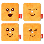 Set of four Cheez-It plush toys with different embroidered facial expressions on white background