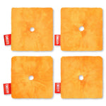 Set of four orange plush Cheez-It cracker pillows with red branded tags and center holes
