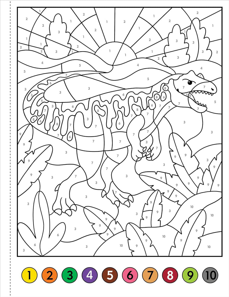 Color by number dinosaur activity page featuring a T-Rex with numbered sections and color key