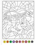 Color by number dinosaur activity page featuring a T-Rex with numbered sections and color key