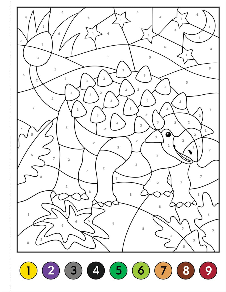 Color by number dinosaur coloring page featuring an Ankylosaurus with numbered sections and color key
