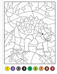 Color by number dinosaur coloring page featuring an Ankylosaurus with numbered sections and color key