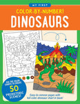 My First Color-By-Number Dinosaurs activity book cover featuring T-Rex prehistoric scenes