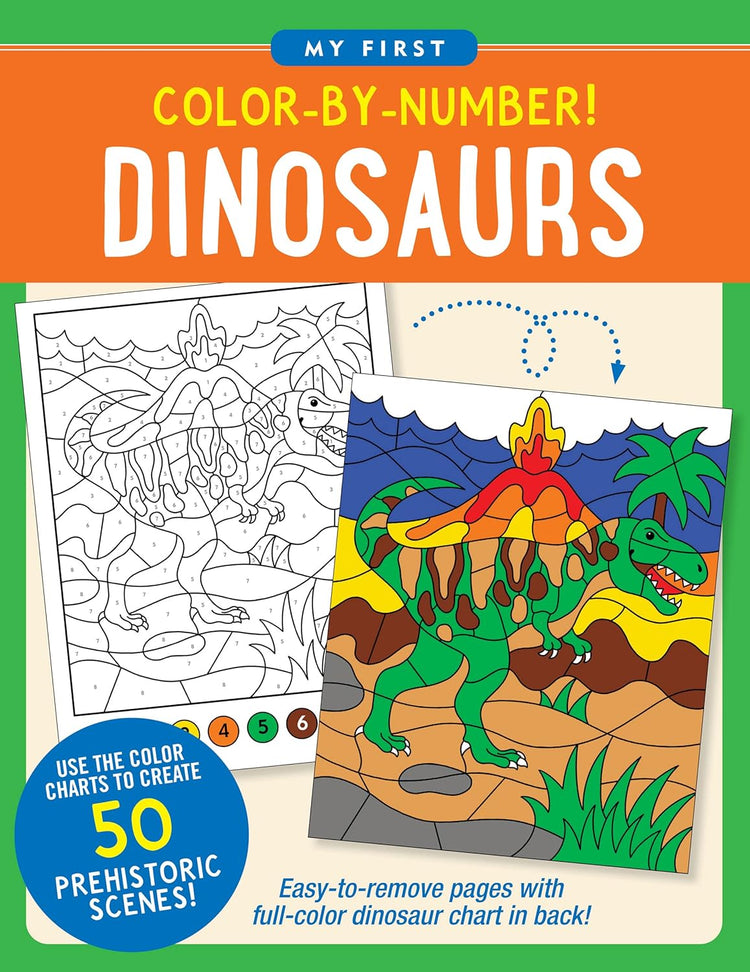 My First Color-By-Number Dinosaurs activity book cover featuring T-Rex prehistoric scenes