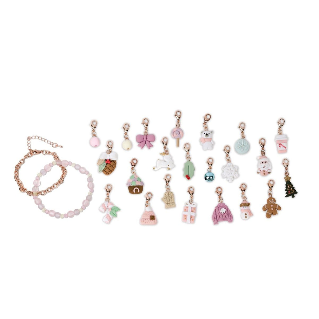 Cozy Christmas bracelet advent calendar with 24 holiday charms and two bracelets on white background