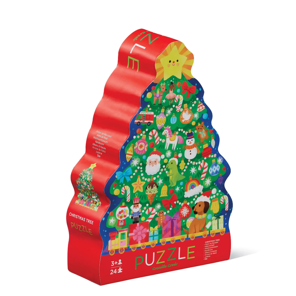 Crocodile Creek 24-piece Christmas Tree shaped puzzle box with festive holiday illustrations