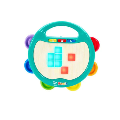 Hape Pixelz Pixel Beat Tambourine toy in teal green packaging for ages 18 months to 6 years