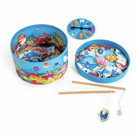 Save The Seas magnetic fishing game with ocean-themed wooden pieces, spinner, and fishing rods