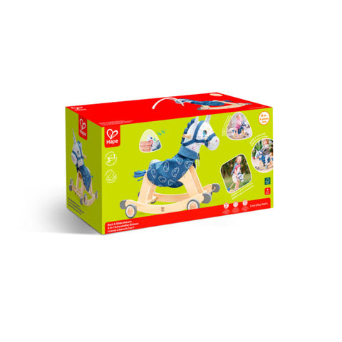 Hape Rock and Glide Unicorn ride-on toy with navy blue fabric and wooden base with wheels