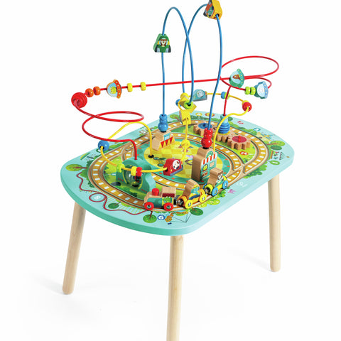 Hape Twisting Railway Maze Table with colorful bead wires and wooden train track for toddlers