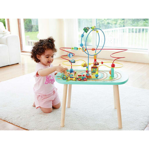 Hape Twisting Railway Maze Table with colorful bead wires and wooden train track for toddlers