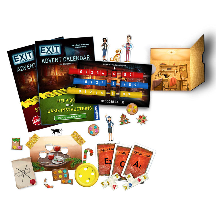 EXIT Advent Calendar The Silent Storm game contents including cards, decoder, character standees, and booklets