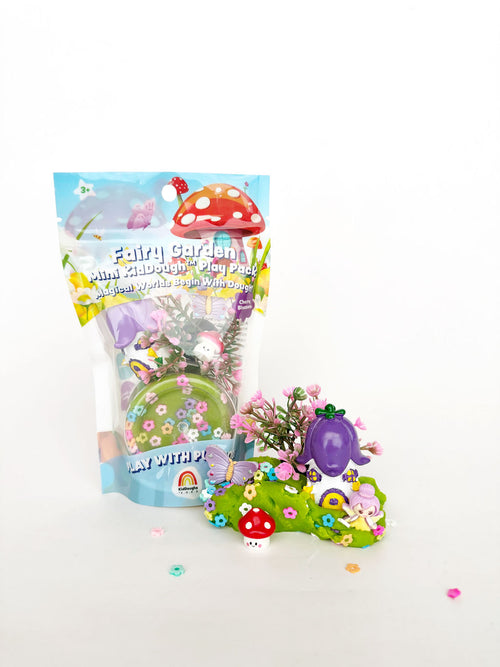 Fairy Garden Mini KidDough Play Pack with sculpted dough fairy garden scene featuring mushrooms and flowers