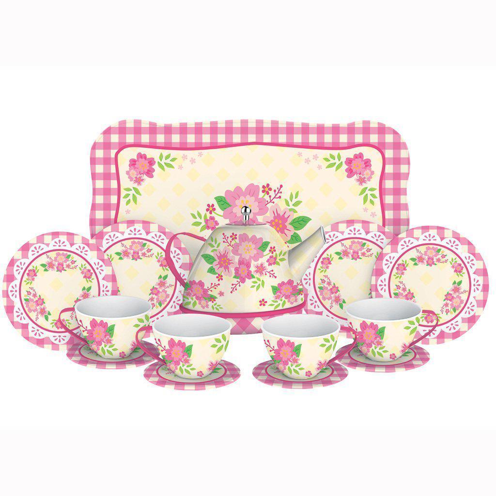 15-piece fancy tin tea set with pink floral design including teapot, cups, saucers, plates, and tray
