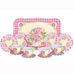 15-piece fancy tin tea set with pink floral design including teapot, cups, saucers, plates, and tray