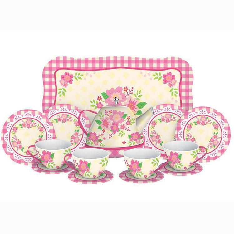 15-piece fancy tin tea set with pink floral design including teapot, cups, saucers, plates, and tray