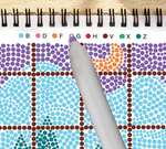 Lifelines FlowArt dot-by-letter coloring book open to snowed-in pattern with purple marker