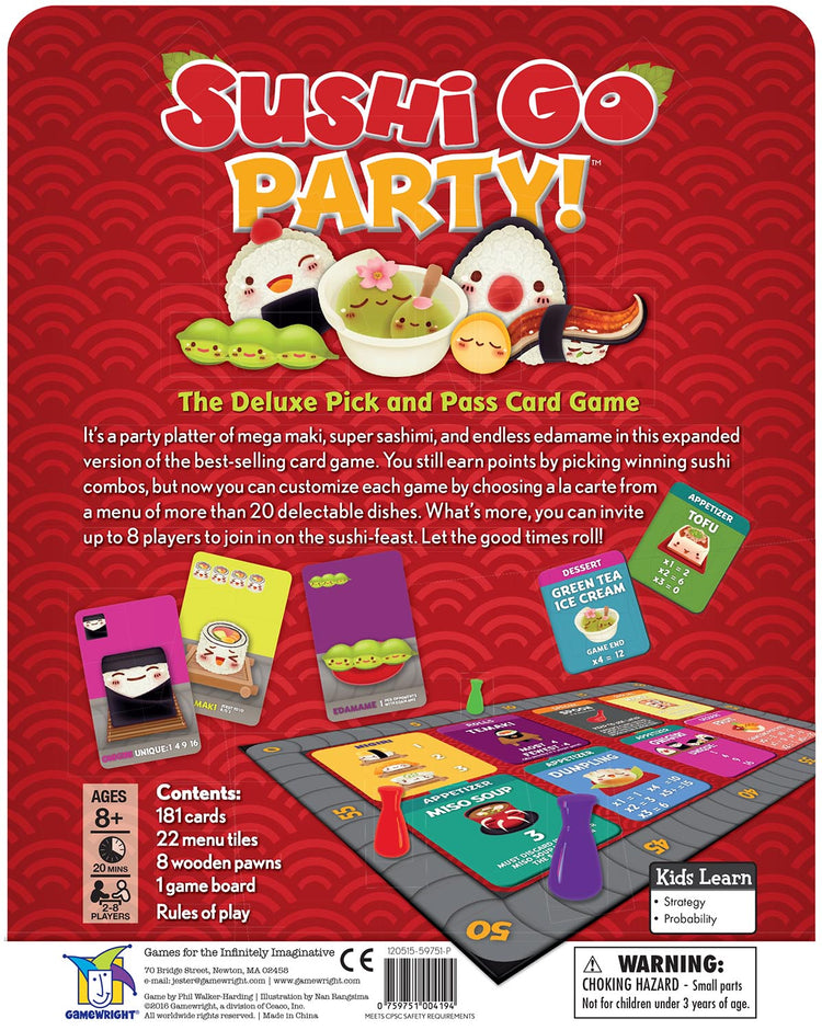 Sushi Go Party card game back of box showing contents, gameplay board, and cute sushi characters