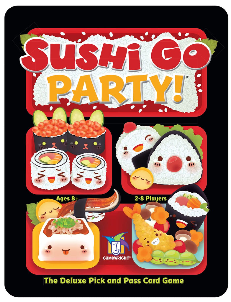 Sushi Go Party card game box featuring cute kawaii sushi characters on red and black background